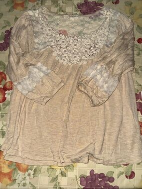 Lace Trim Boho Peasant Top in Light Beige